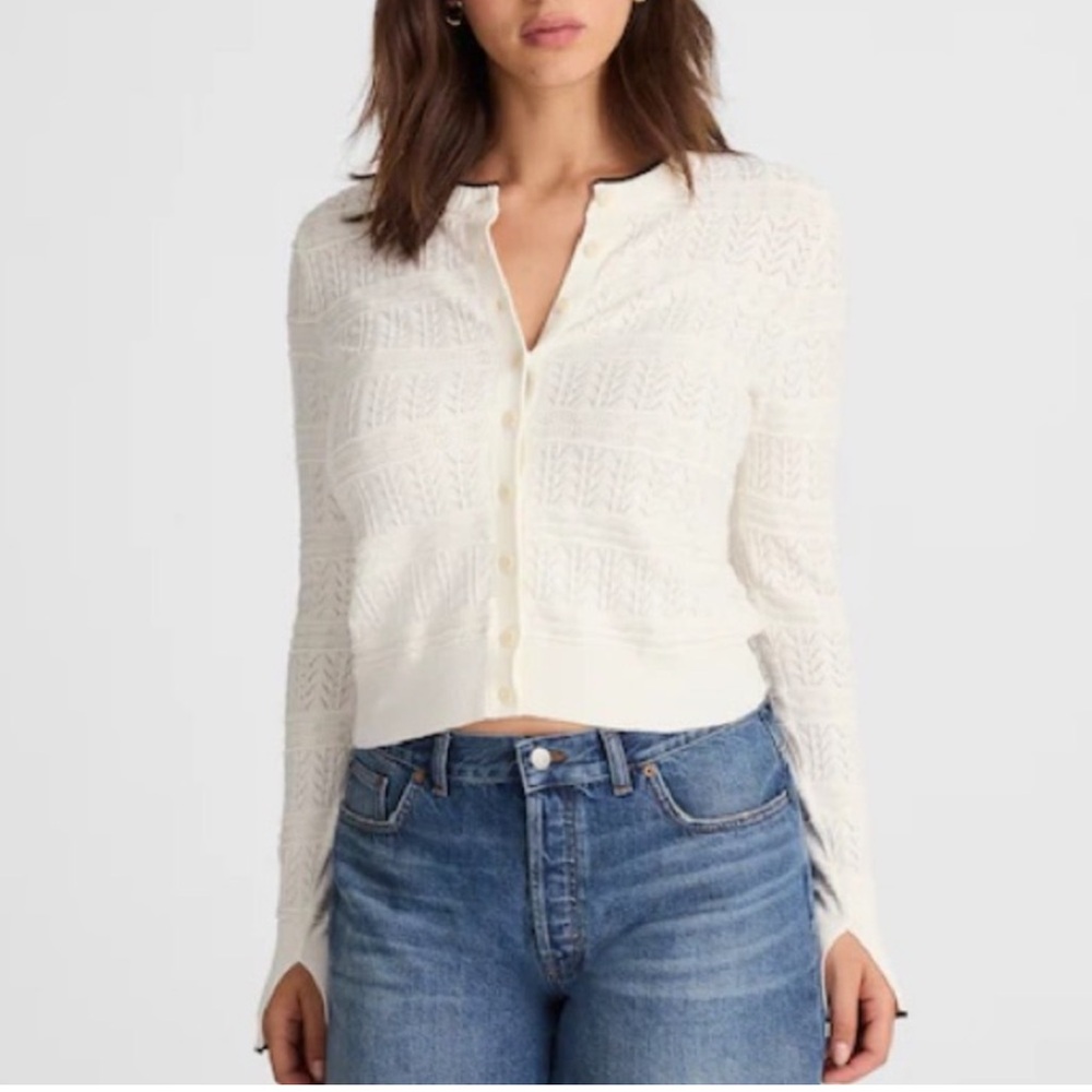 Madewell Pointelle Stitch Button Front Cardigan, 
White Black Trim, Cotton, L